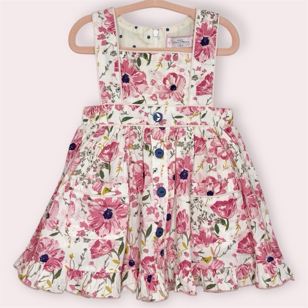 NWT SweetHoney pinafore dress ivory & pink floral twirl size 18‎ months